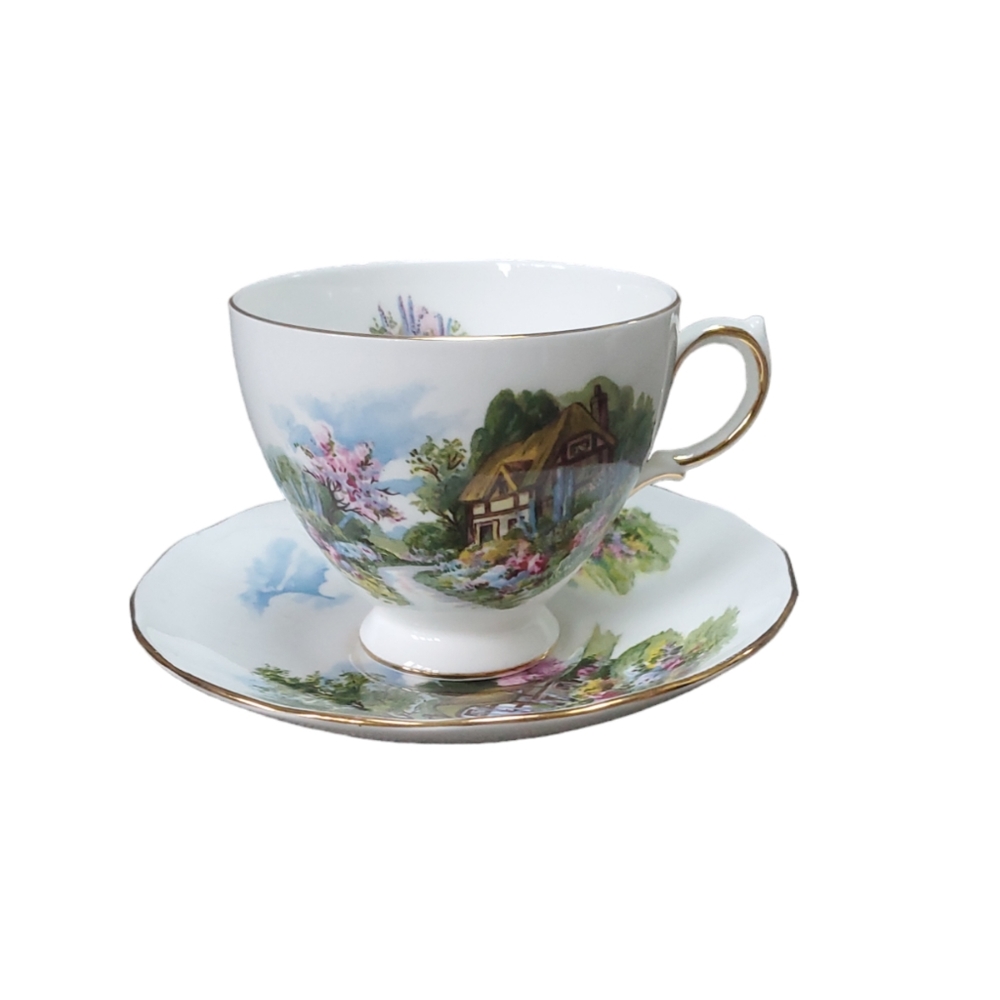 Vintage Royal Vale English Bone China Teacup & Saucer Set Cottage Scene NWOB